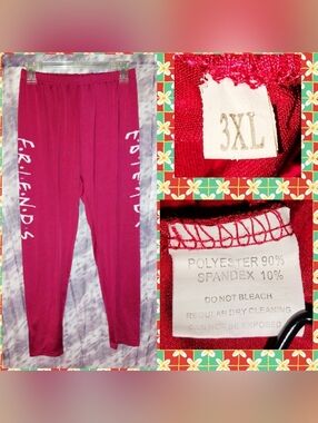 Unbranded Burgundy/Multiclr FRIENDS logo print Satiny Knit Leggings Jrs Plus 3XL